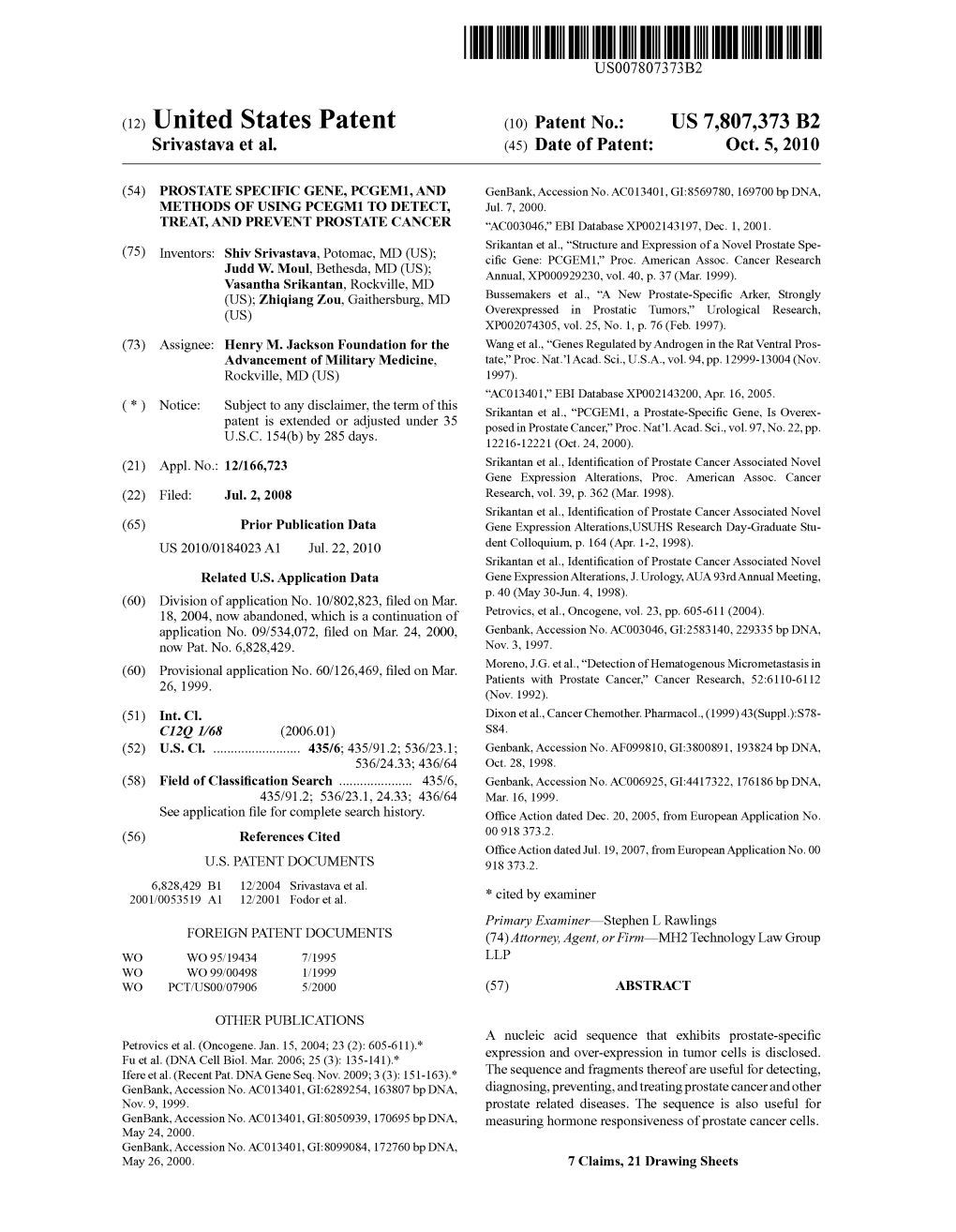 (12) United States Patent (10) Patent No.: US 7,807,373 B2 Srivastava Et Al