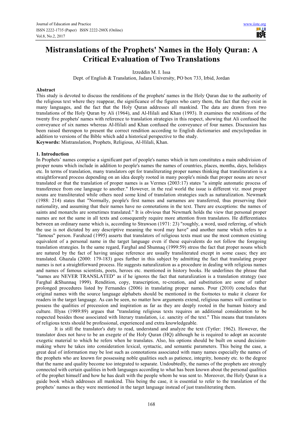 Mistranslations of the Prophets' Names in the Holy Quran: a Critical Evaluation of Two Translations