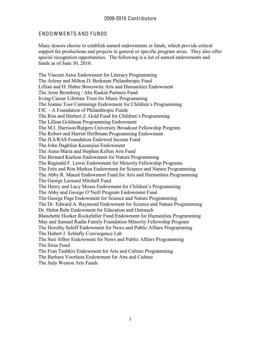 Endowments and Funds As of June 30, 2010