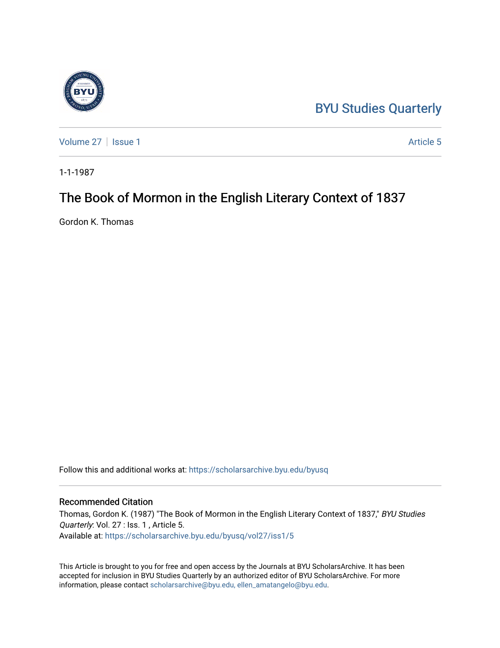 The Book of Mormon in the English Literary Context of 1837