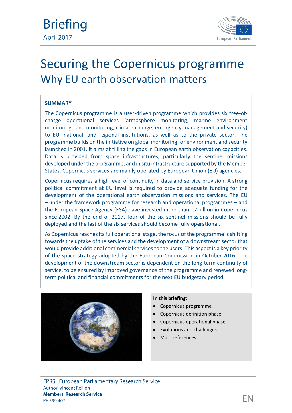 Securing the Copernicus Programme Why EU Earth Observation Matters