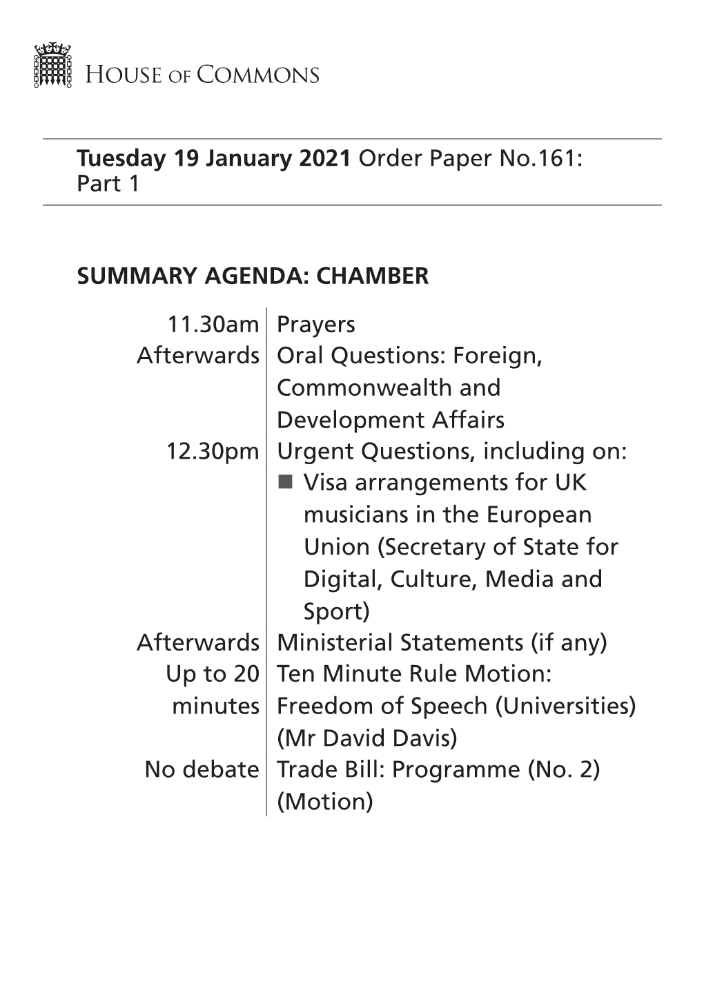 Order Paper for Tue 19 Jan 2021