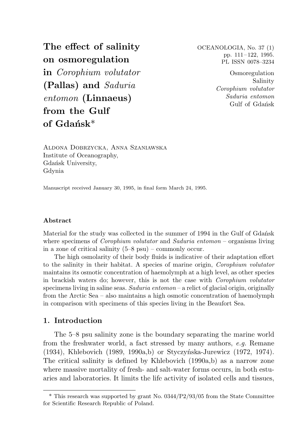 The Effect of Salinity on Osmoregulation In