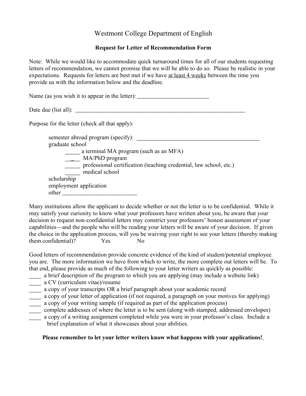 Request for Letter of Recommendation Form