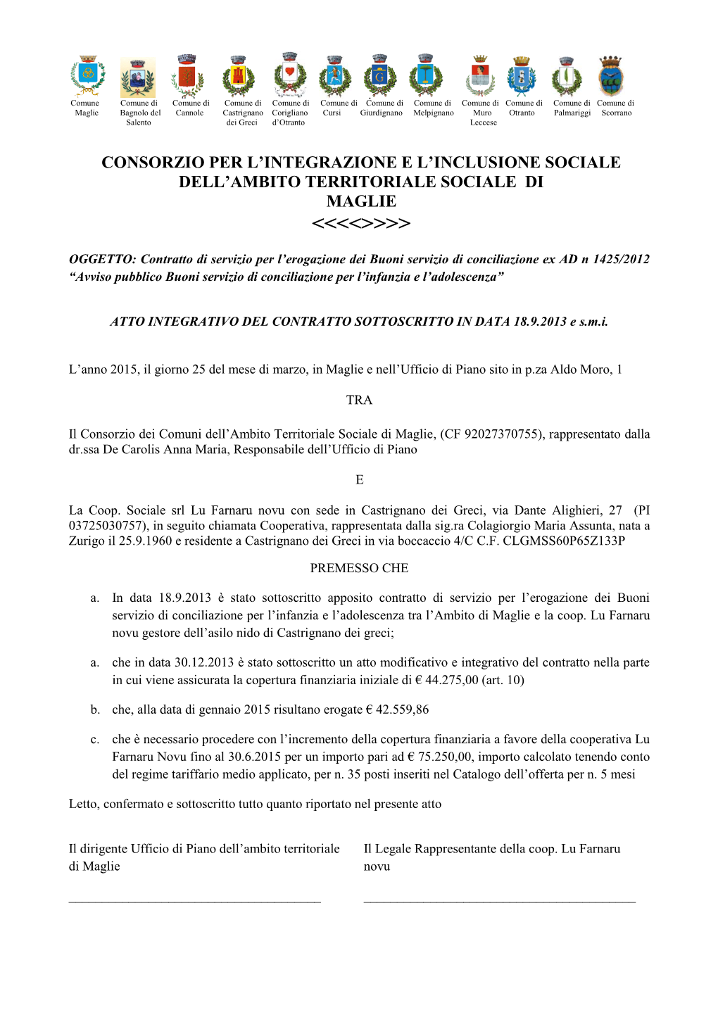 Atto Integrativo Contratto Di Servizio Buoni Minori Con Asilo Nido Di