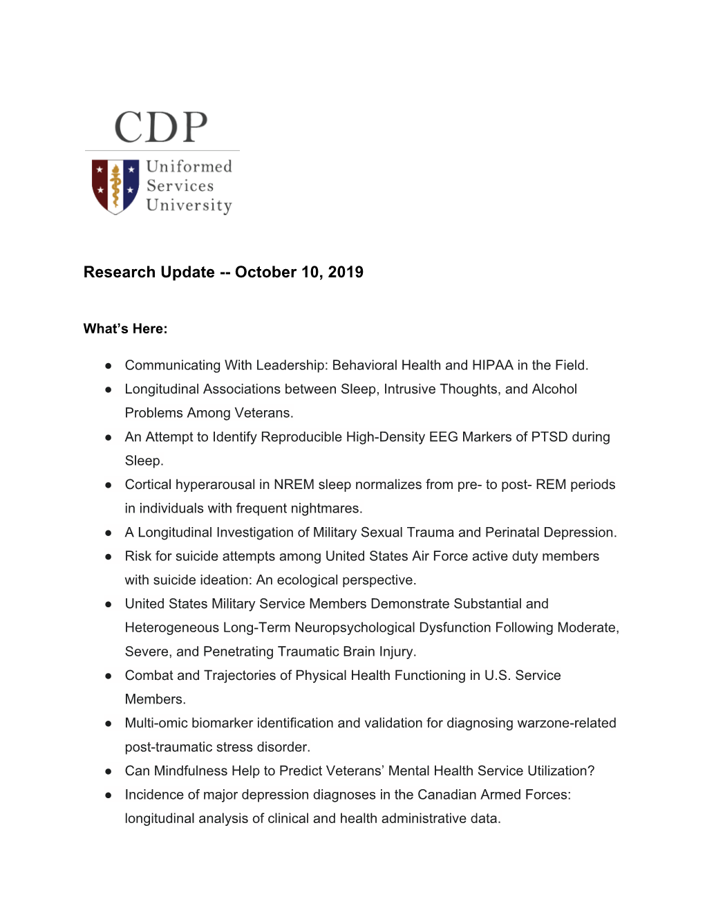 Research Update -- October 10, 2019