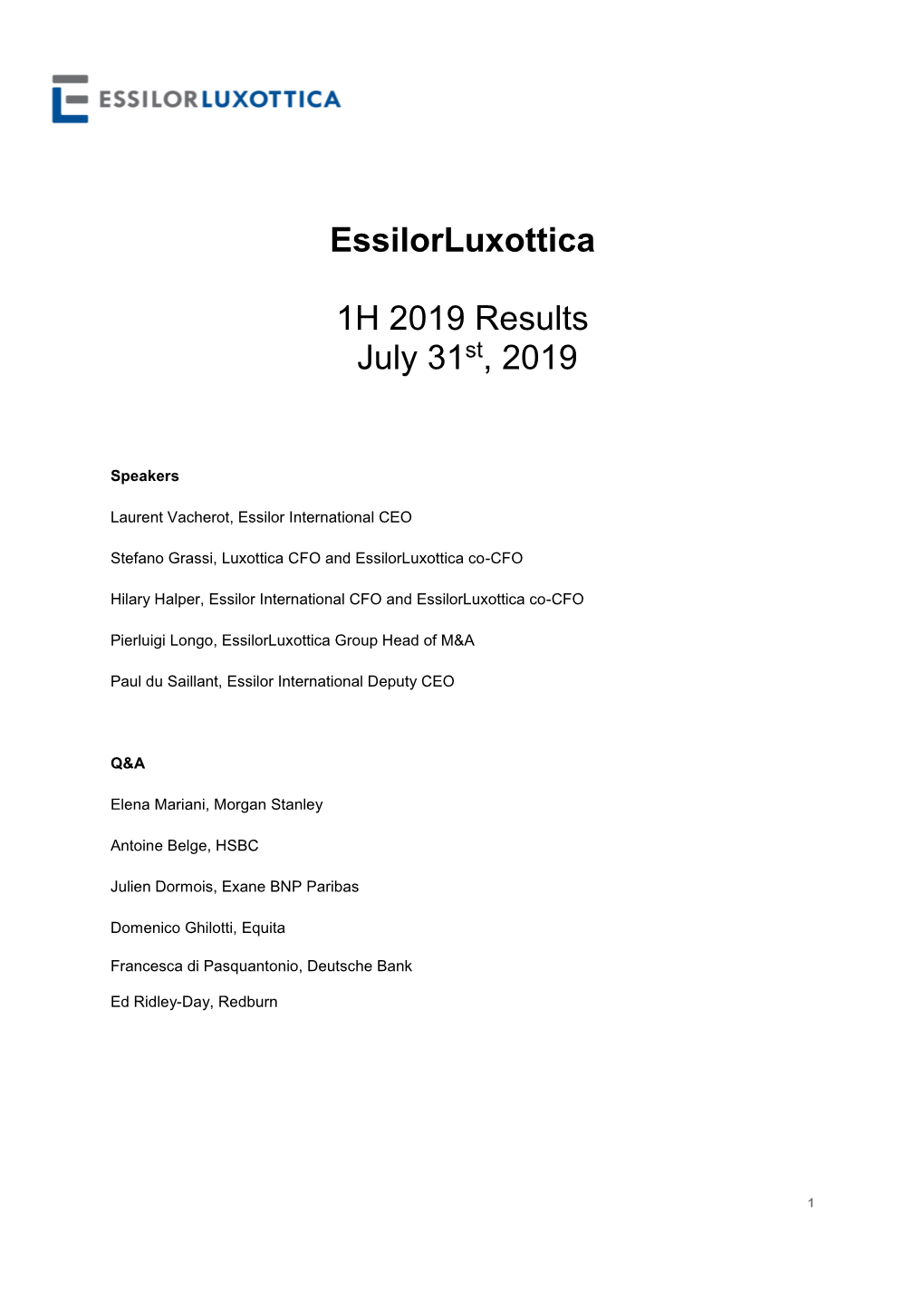 Essilorluxottica 1H 2019 Results July 31St, 2019