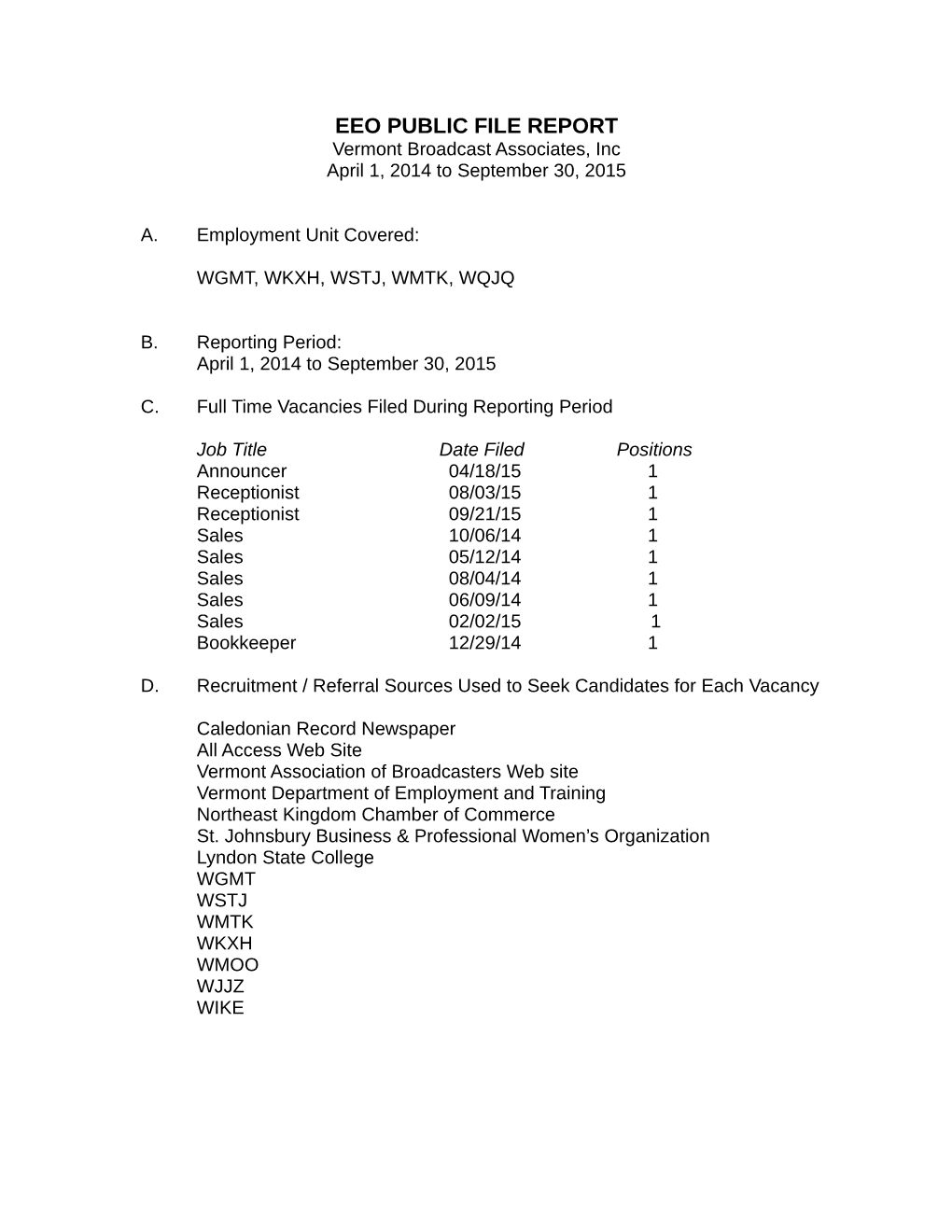 EEO PUBLIC FILE REPORT Vermont Broadcast Associates, Inc April 1, 2014 to September 30, 2015