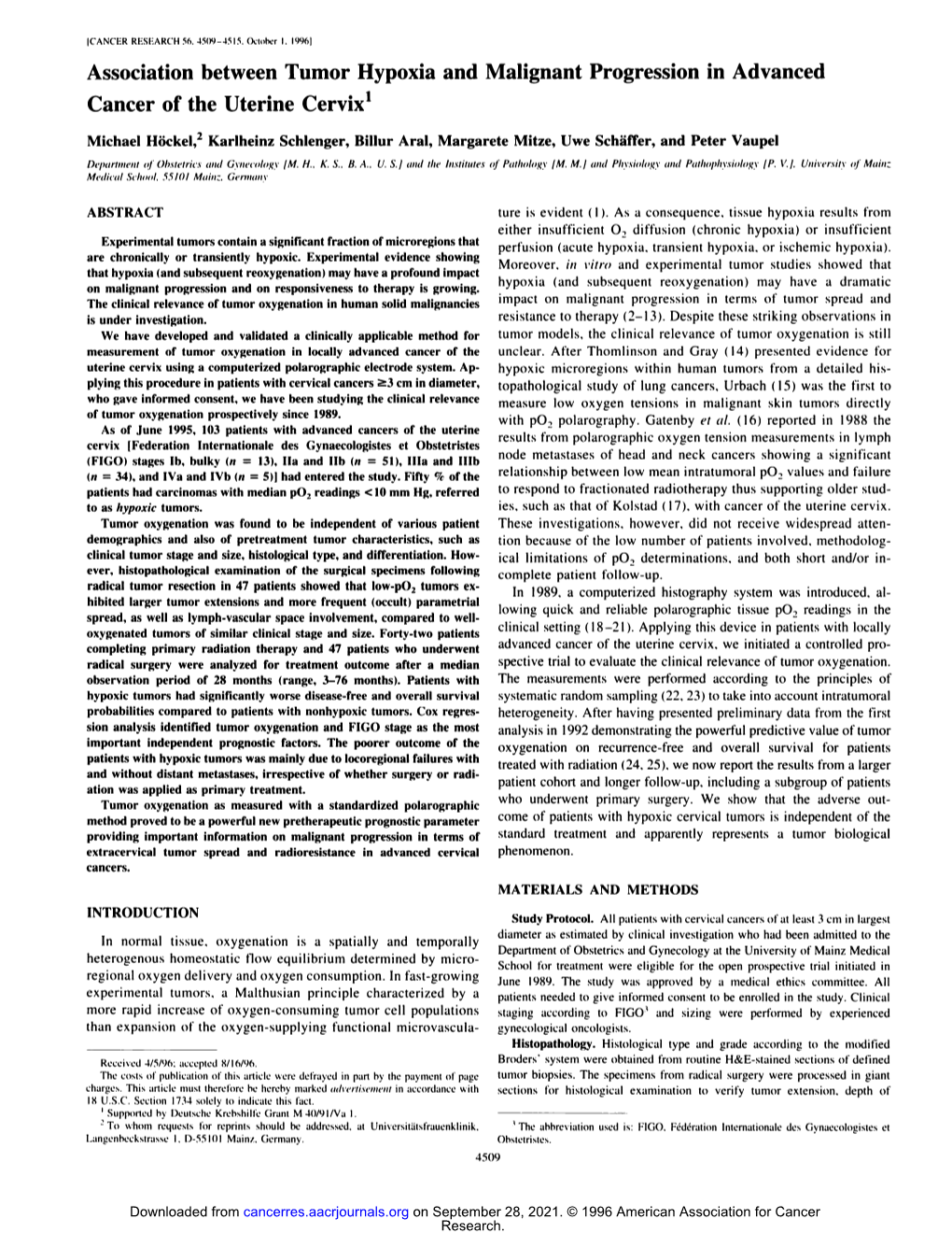 Association Between Tumor Hypoxia and Malignant Progression in Advanced Cancer of the Uterine Cervix1