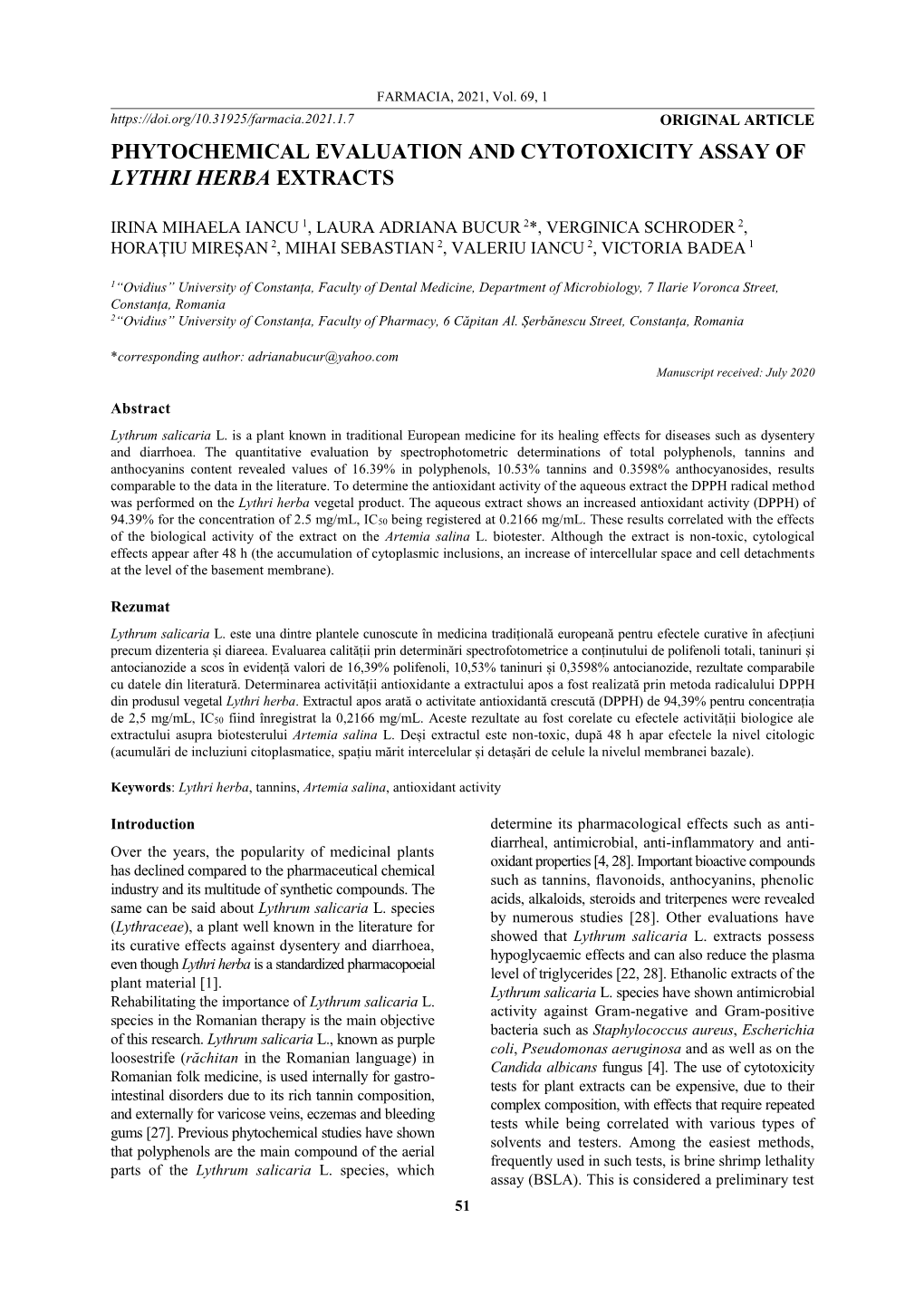 Phytochemical Evaluation and Cytotoxicity Assay of Lythri Herba Extracts