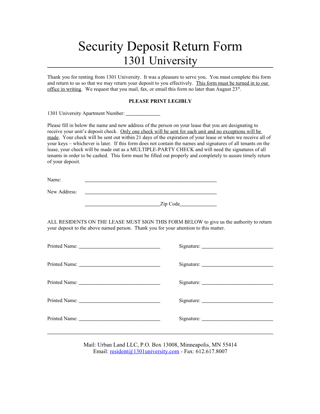 Security Deposit Return Form