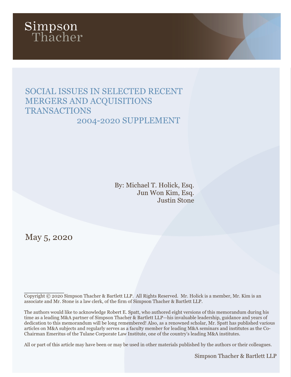 Social Issues in Selected Recent Mergers and Acquisitions Transactions 2004-2020 Supplement