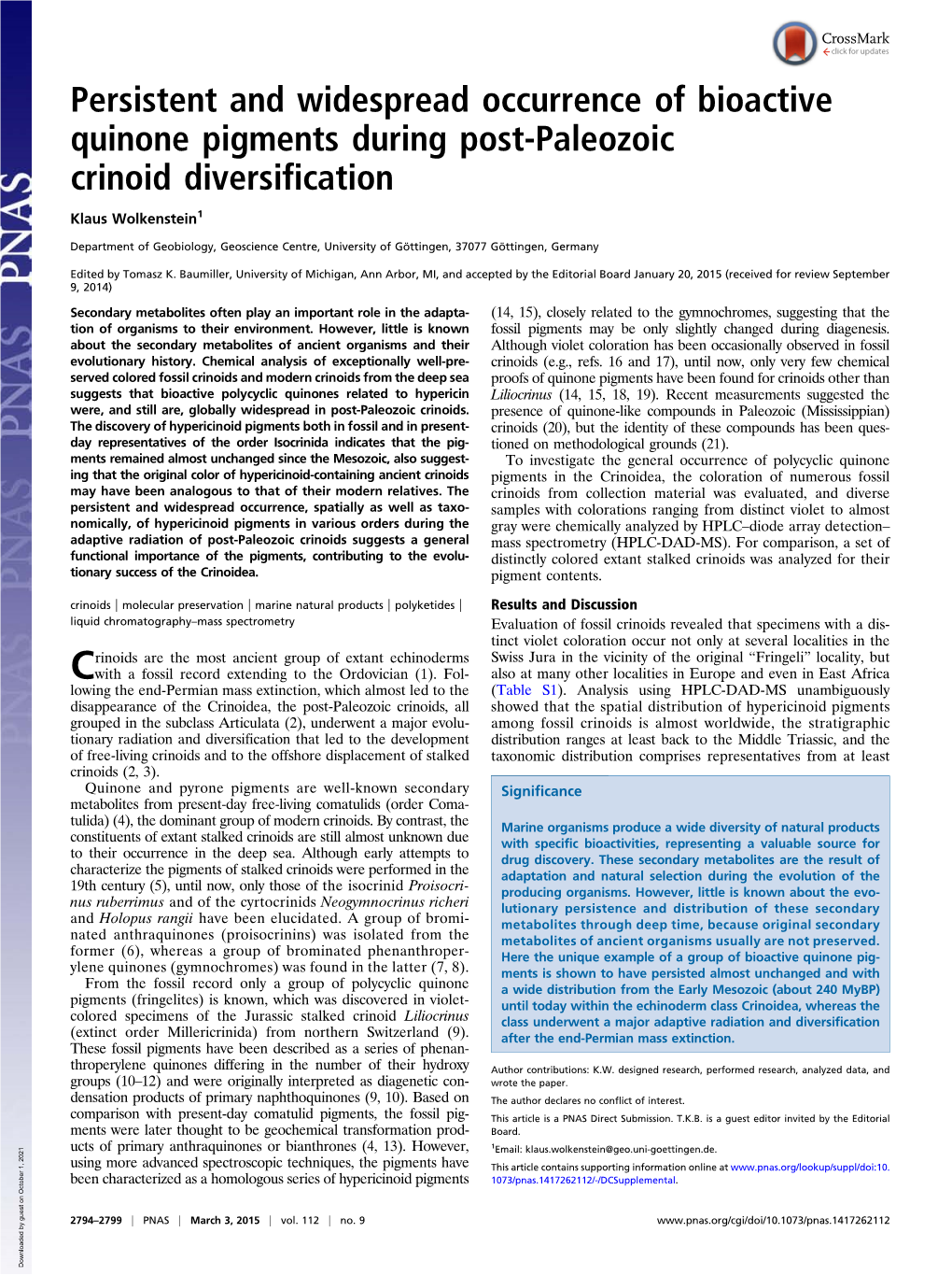 Persistent and Widespread Occurrence of Bioactive Quinone Pigments During Post-Paleozoic Crinoid Diversification