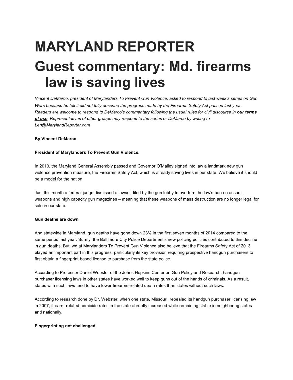 Guest Commentary: Md. Firearms Law Is Saving Lives