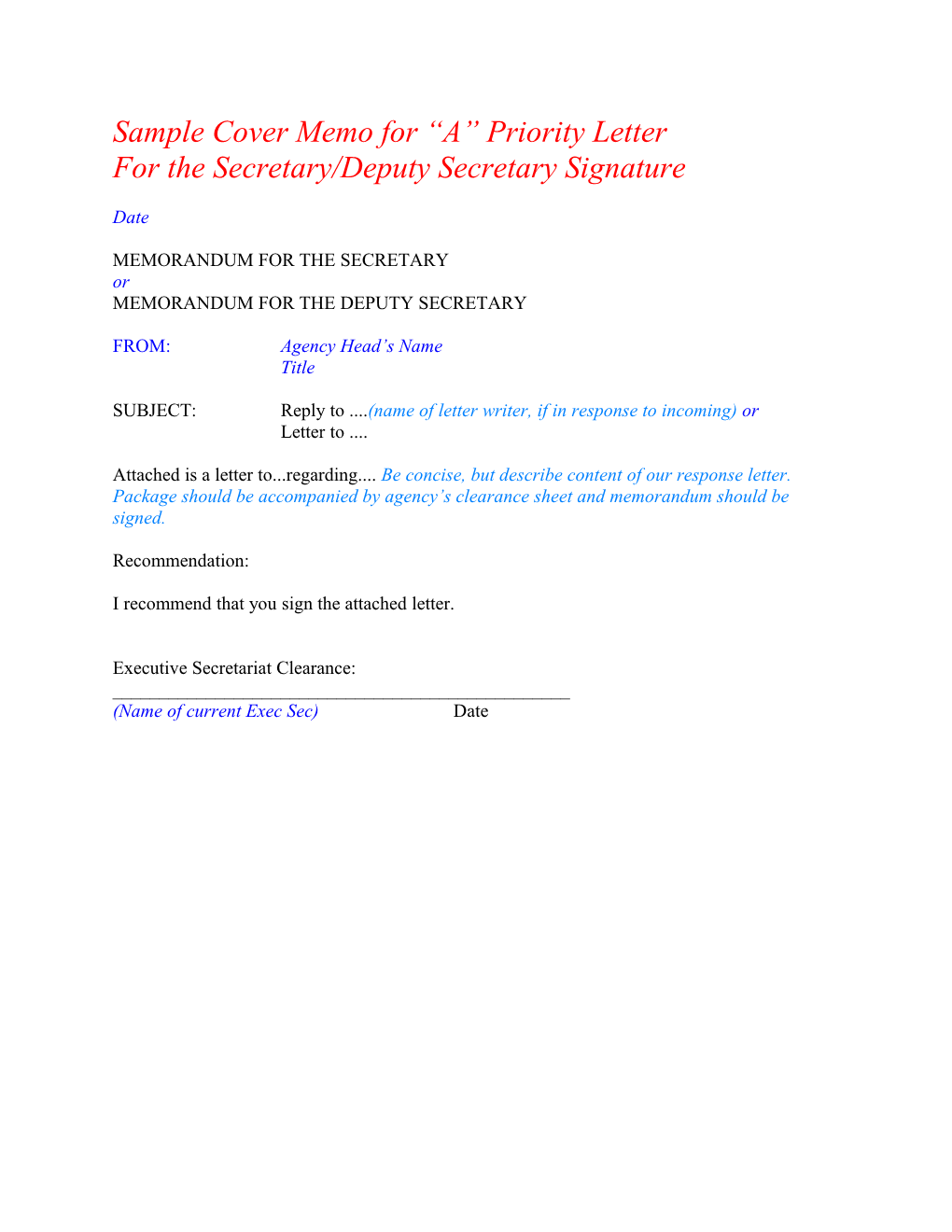 Sample Cover Memo For “A” Priority Letter