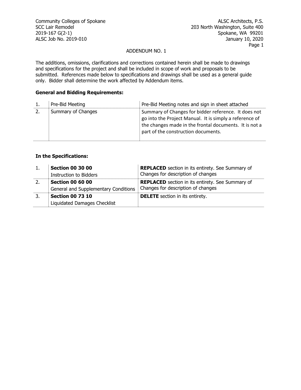 Summary of Changes for Bidder Reference. It Does Not Go Into the Project Manual. It Is Simply a Reference of the Changes Made in the Frontal Documents