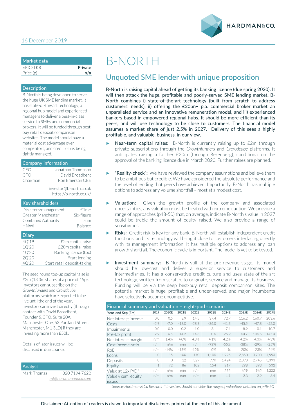 B-NORTH EPIC/TKR Private Price (P) N/A Unquoted SME Lender with Unique Proposition