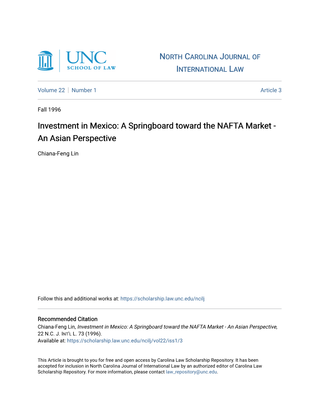 Investment in Mexico: a Springboard Toward the NAFTA Market - an Asian Perspective