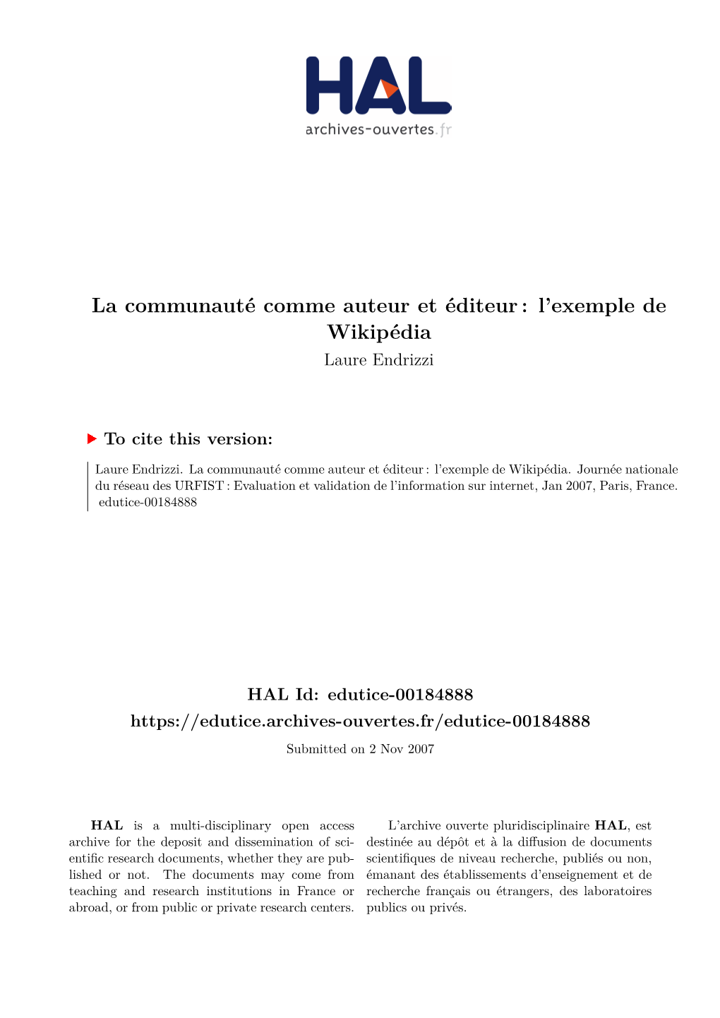 L'exemple De Wikipédia Laure Endrizzi Chargée D'études Et De Recherche, Cellule Veille Scientifique Et Technologique, INRP, Lyon