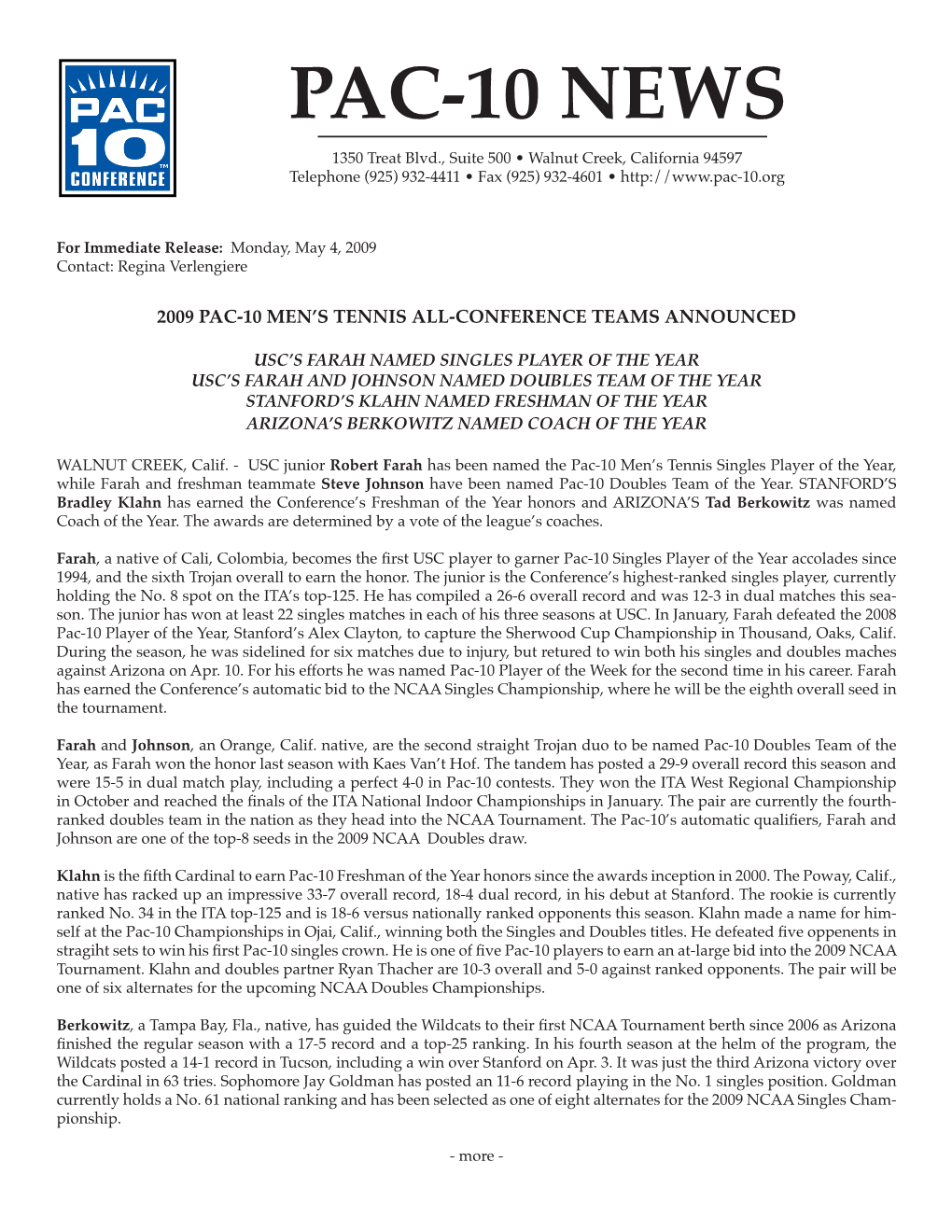 PAC-10 NEWS 1350 Treat Blvd., Suite 500 • Walnut Creek, California 94597 Telephone (925) 932-4411 • Fax (925) 932-4601 •