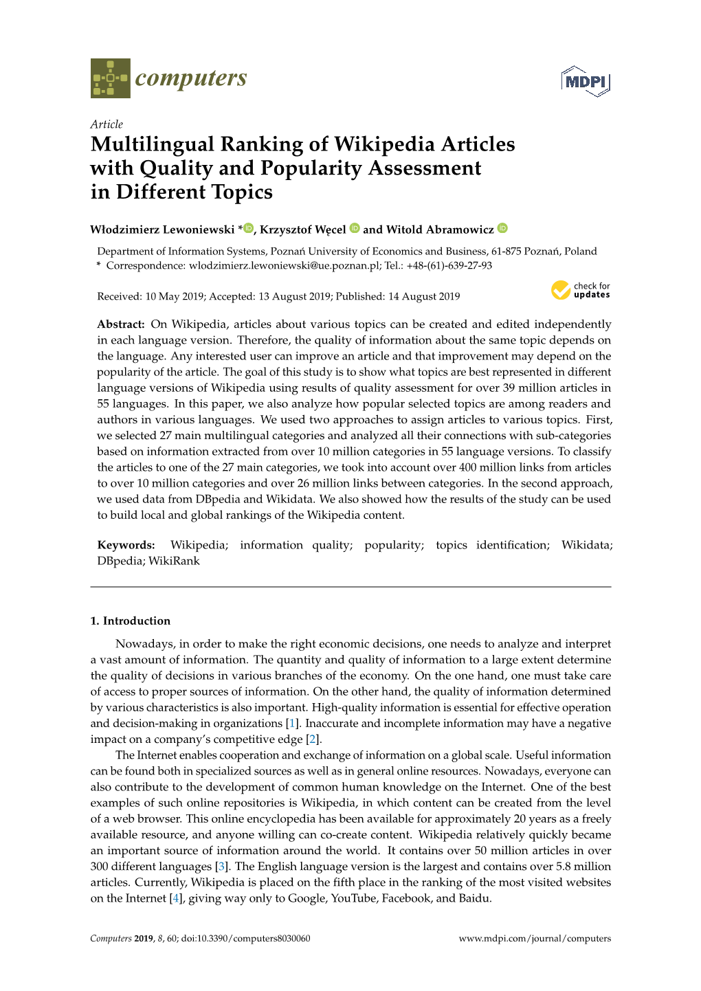 Multilingual Ranking of Wikipedia Articles with Quality and Popularity Assessment in Different Topics