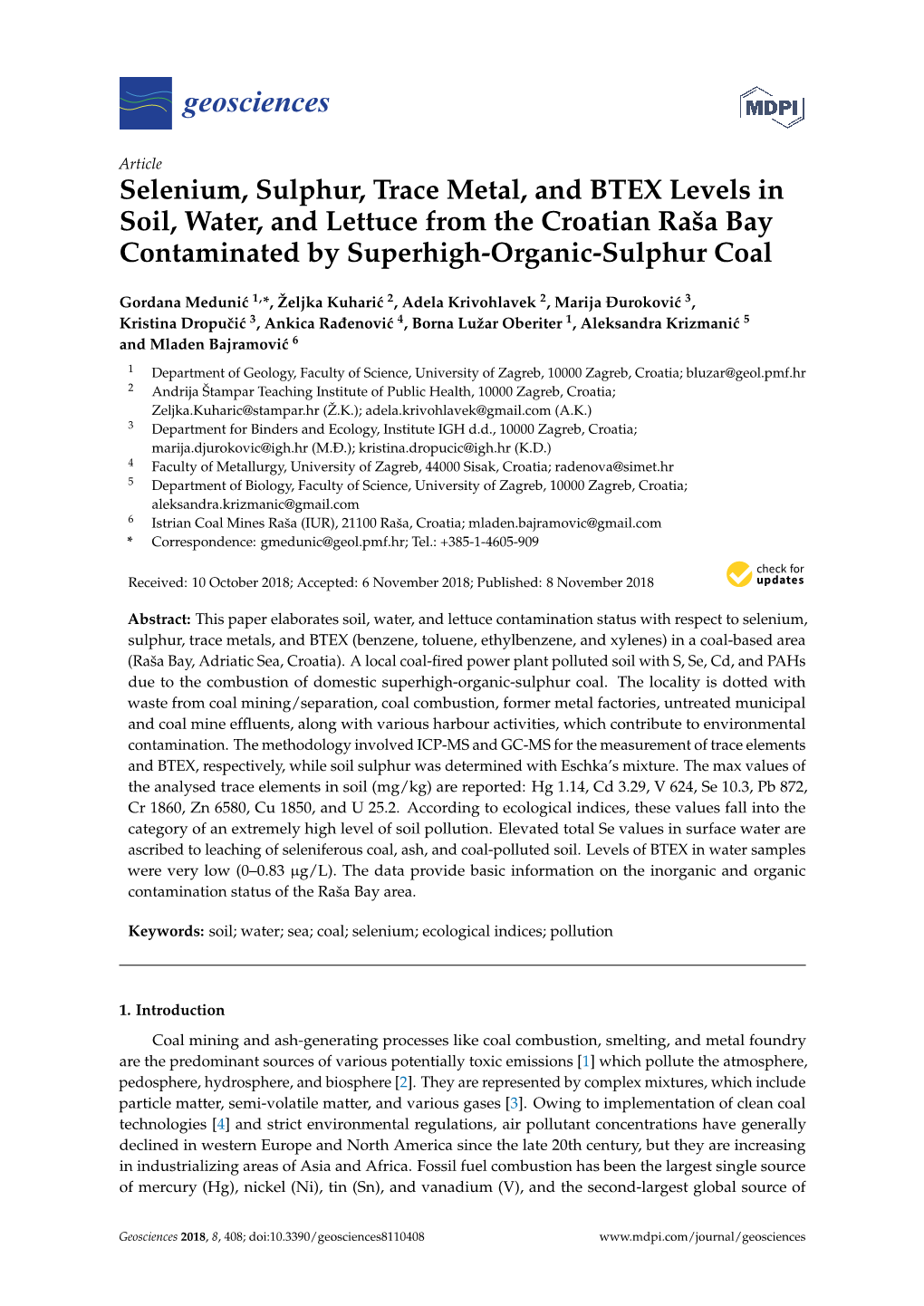 Selenium, Sulphur, Trace Metal, and BTEX Levels in Soil, Water, and Lettuce from the Croatian Raša Bay Contaminated by Superhigh-Organic-Sulphur Coal