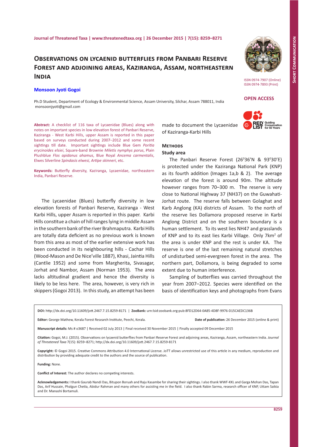 Observations on Lycaenid Butterflies from Panbari Reserve Forest and Adjoining Areas, Kaziranga, Assam, Northeastern