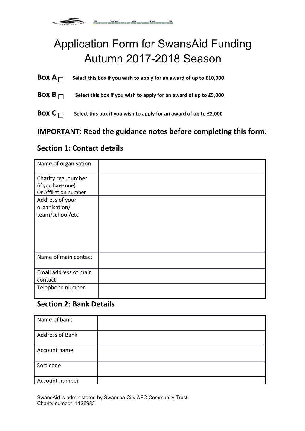 Swansaid Funding Application Form/Autumn 2017