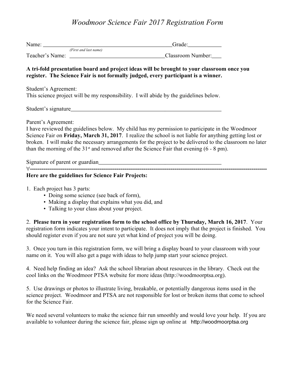 Woodmoor Science Fair Registration Form