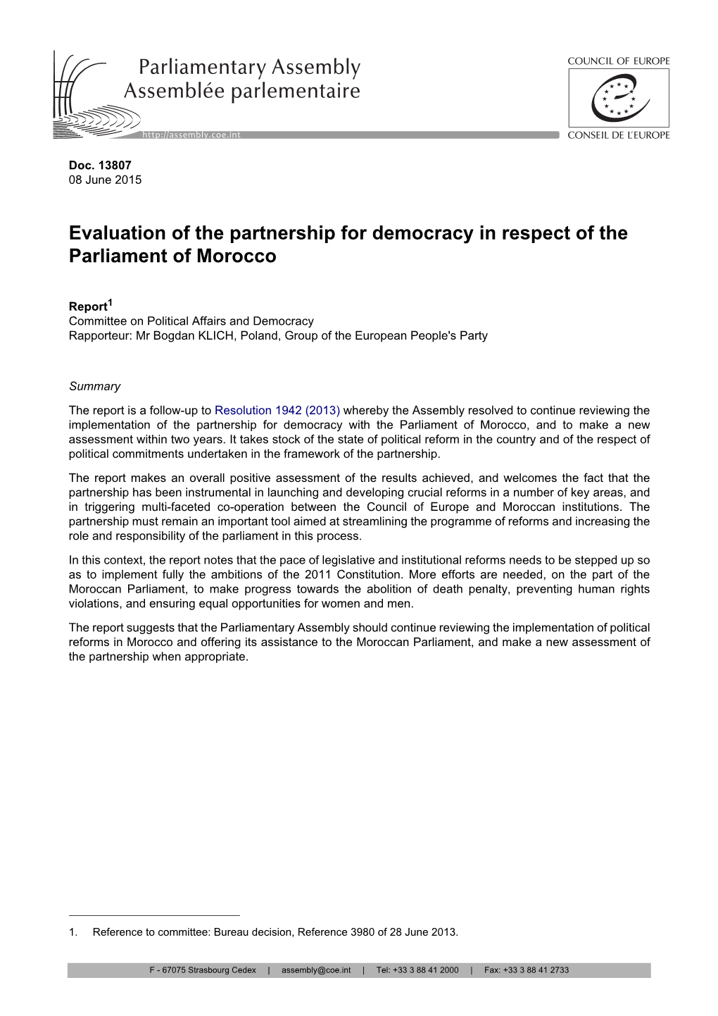 Evaluation of the Partnership for Democracy in Respect of the Parliament of Morocco