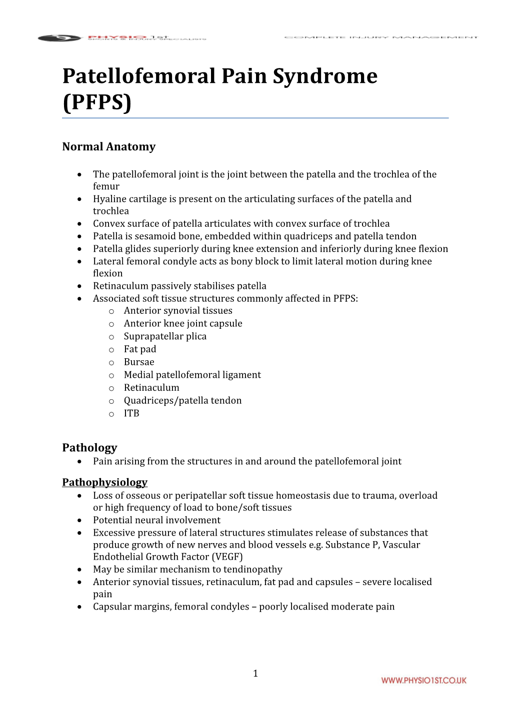 Patellofemoral Pain Syndrome (PFPS)