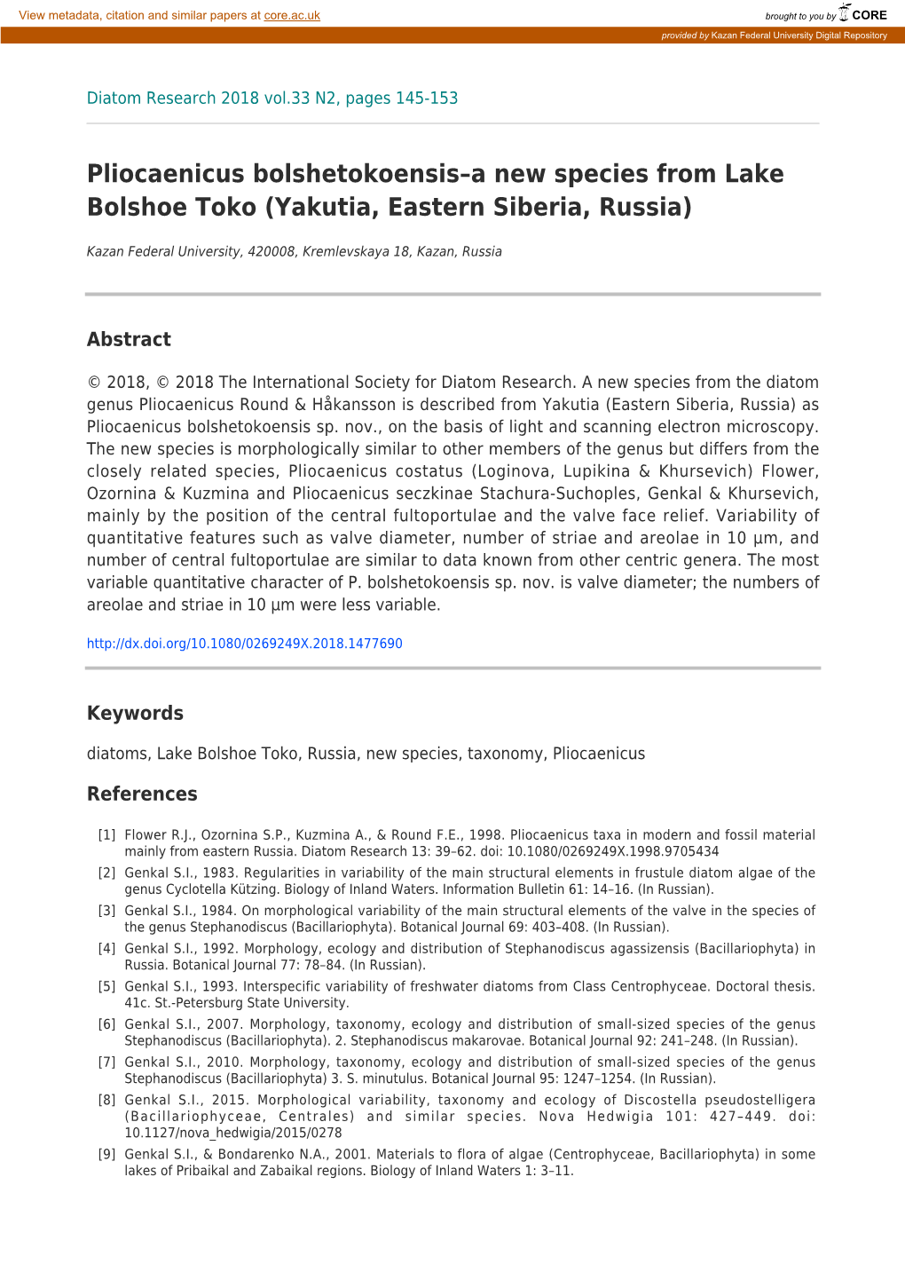 Pliocaenicus Bolshetokoensis–A New Species from Lake Bolshoe Toko (Yakutia, Eastern Siberia, Russia)