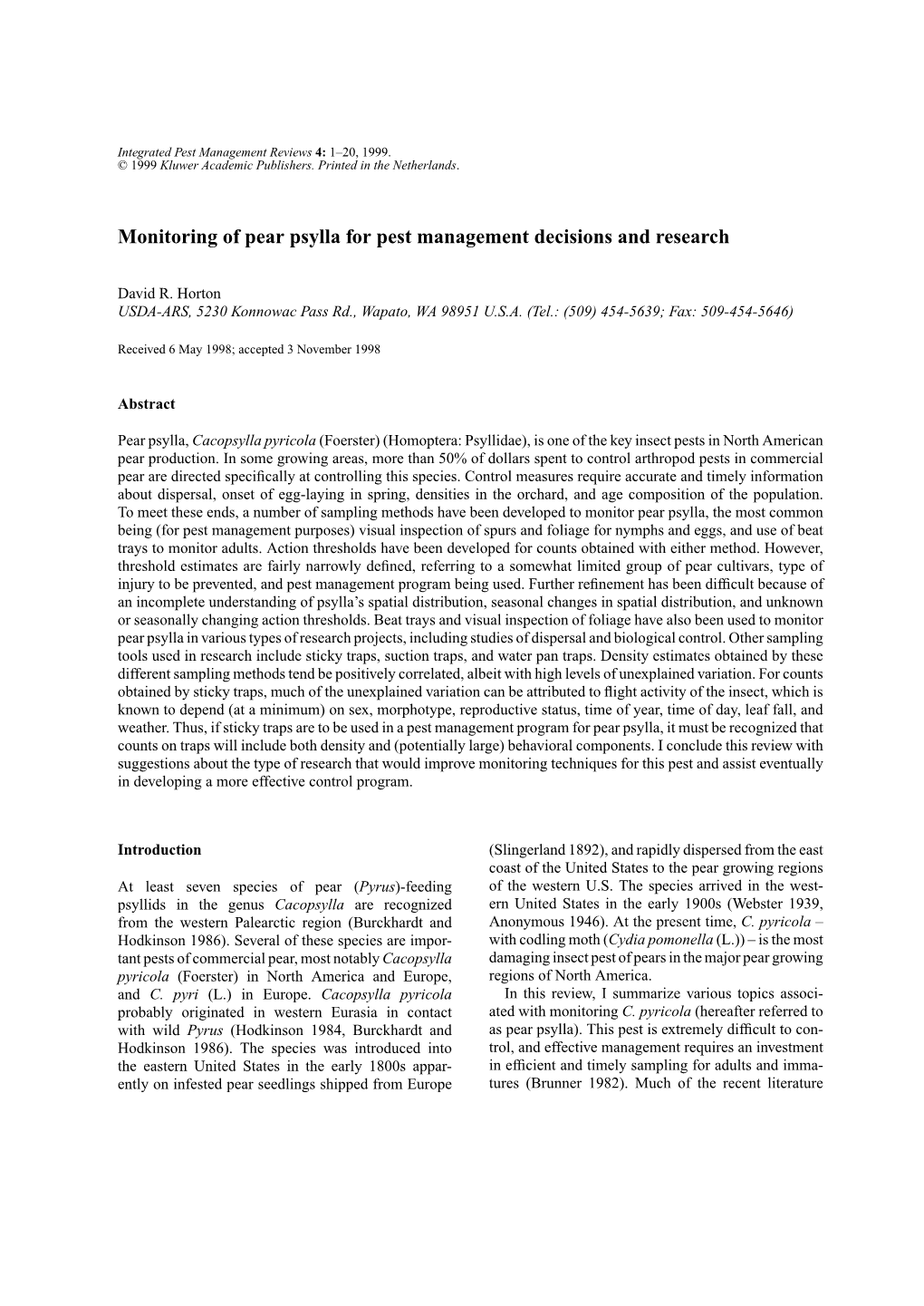 Monitoring of Pear Psylla for Pest Management Decisions and Research