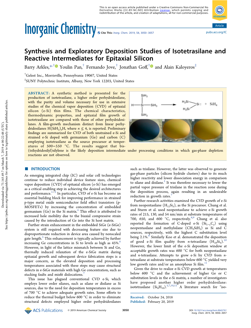 Synthesis and Exploratory Deposition Studies of Isotetrasilane and Reactive Intermediates for Epitaxial Silicon