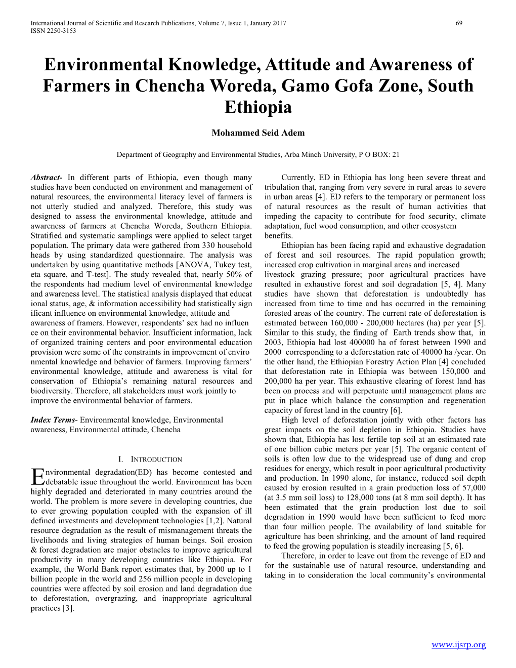 Environmental Knowledge, Attitude and Awareness of Farmers in Chencha Woreda, Gamo Gofa Zone, South Ethiopia