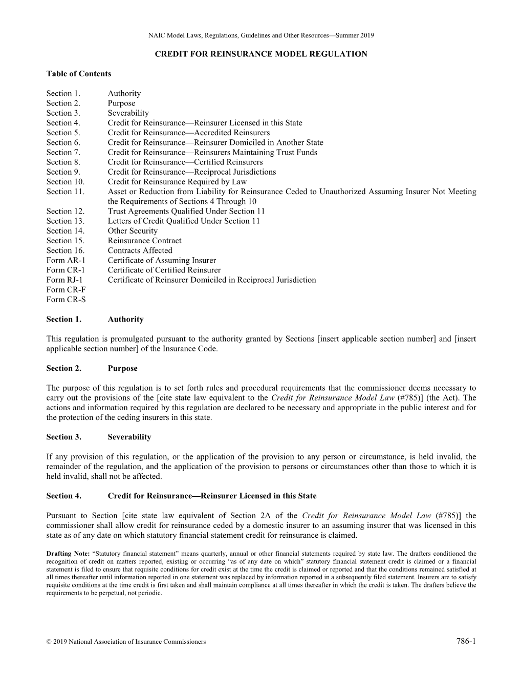 786-1 Credit for Reinsurance Model Regulation