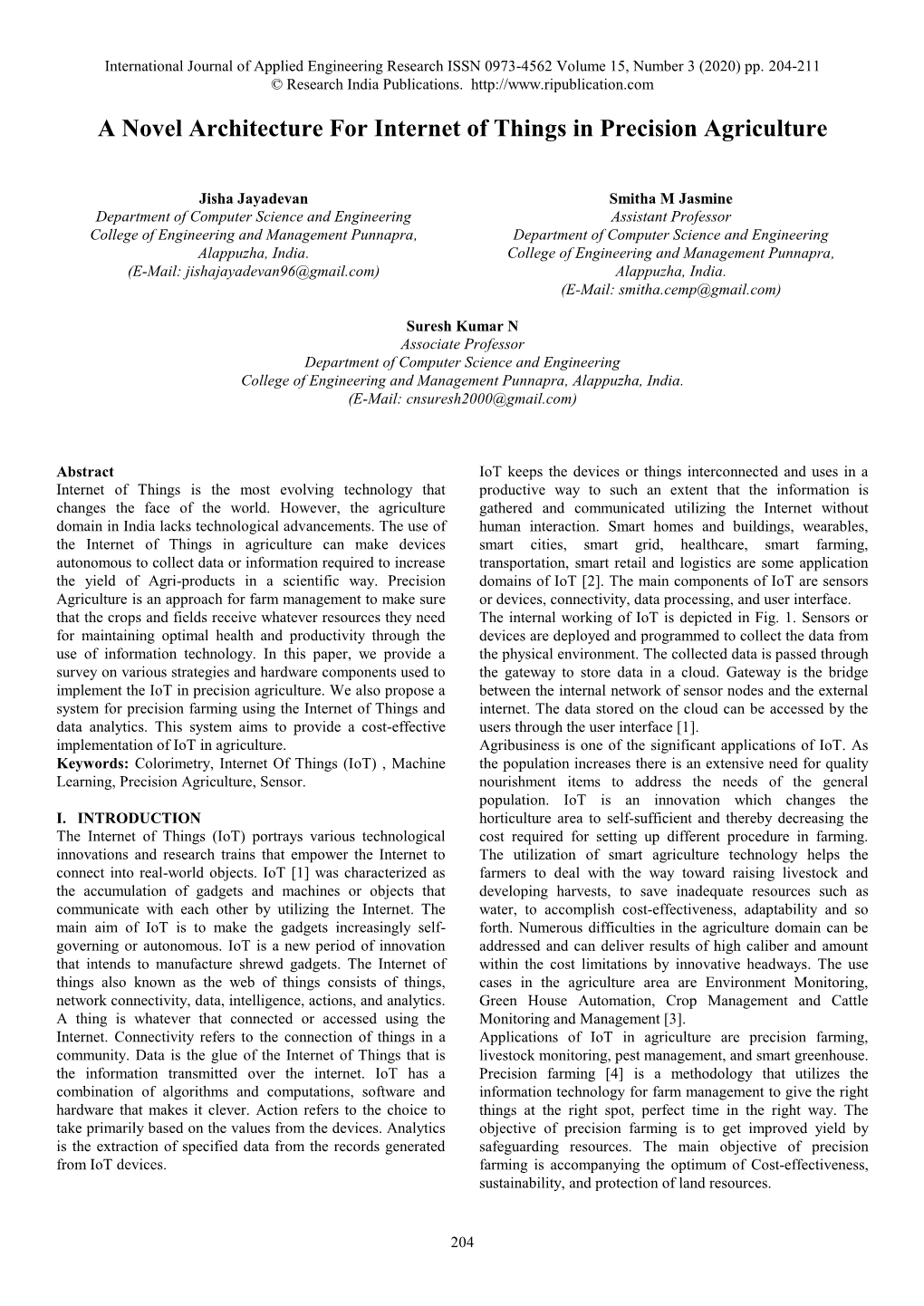 A Novel Architecture for Internet of Things in Precision Agriculture