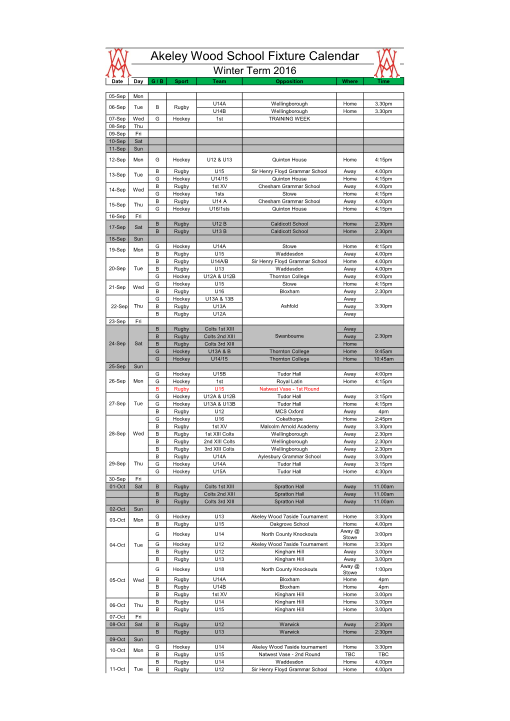 Akeley Wood School Fixture Calendar Winter Term 2016 Date Day G / B Sport Team Opposition Where Time