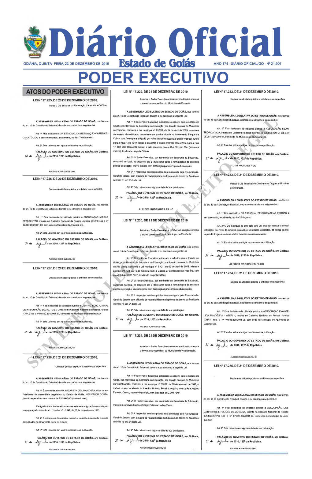 Diario Oficial/Go - N° 21.007 Poder Executivo Atos Do Poder Executivo Lei N° 17.229, De 21 De Dezembro De 2010