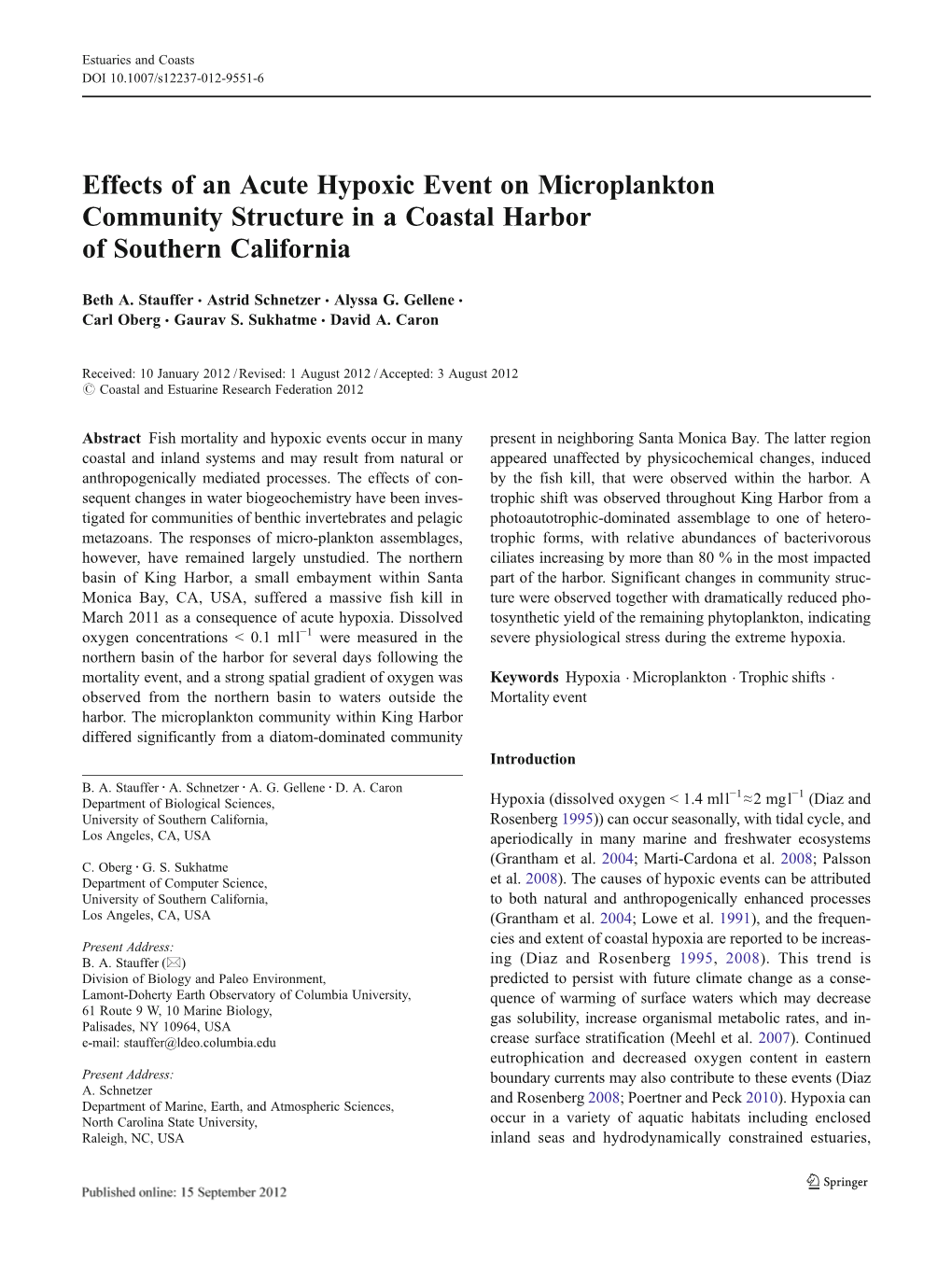 Effects of an Acute Hypoxic Event on Microplankton Community Structure in a Coastal Harbor of Southern California