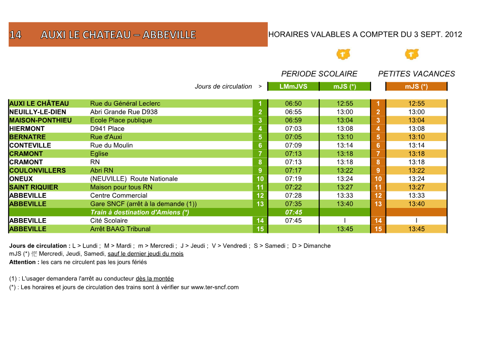 14 Auxi Le Chateau – Abbeville Horaires Valables a Compter Du 3 Sept