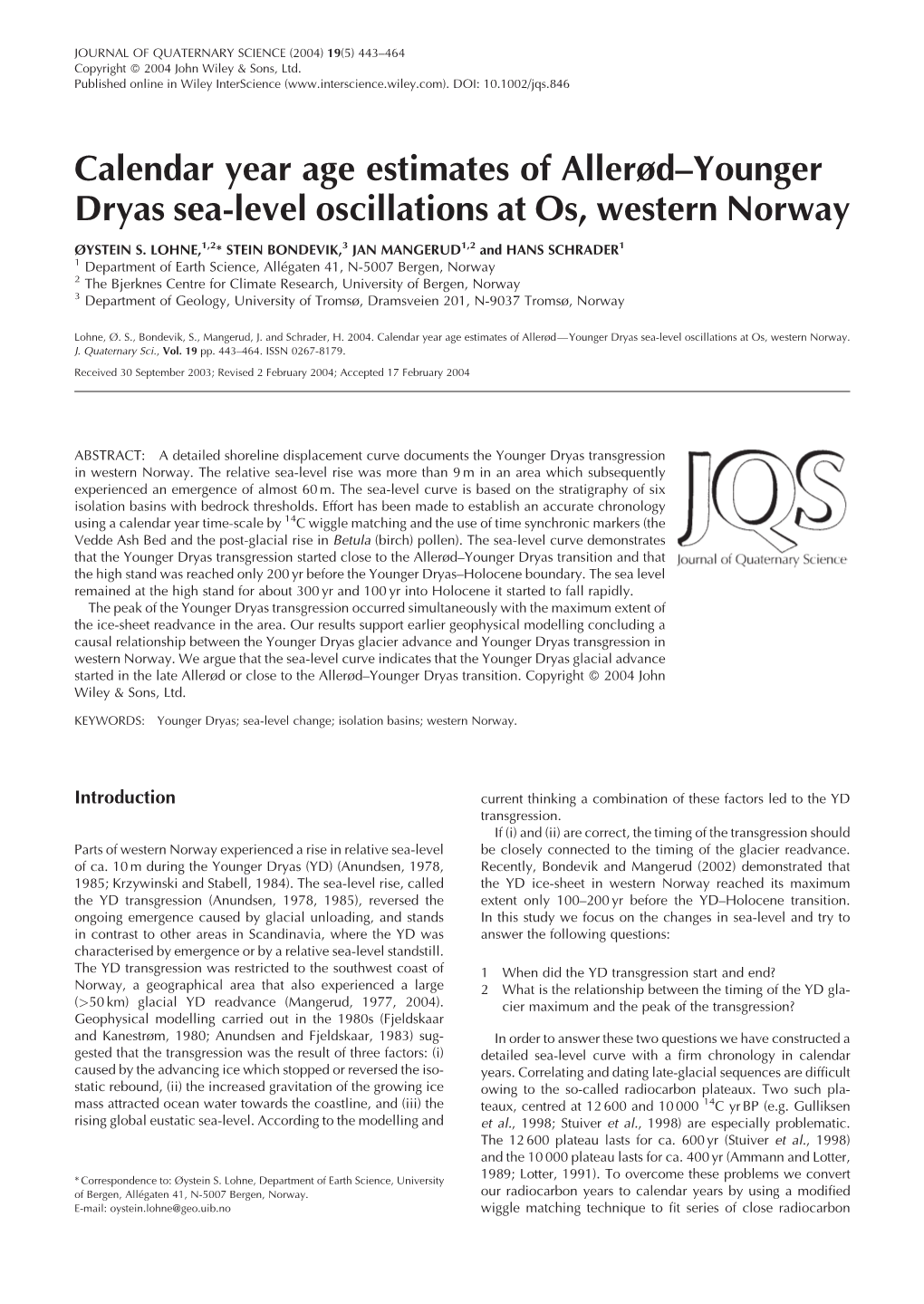 Calendar Year Age Estimates of Allerød-Younger Dryas Sea-Level