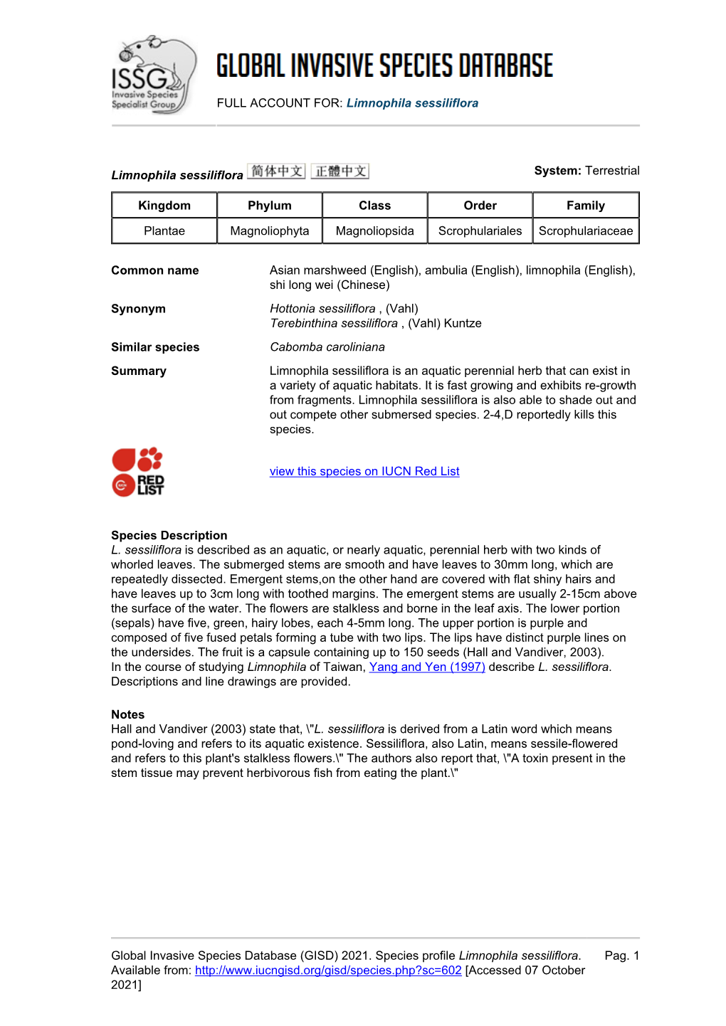 (GISD) 2021. Species Profile Limnophila Sessiliflora. Pag