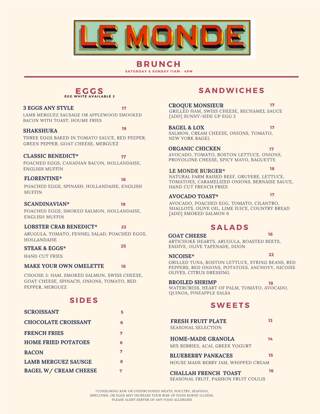 Le Monde Brunch Menu