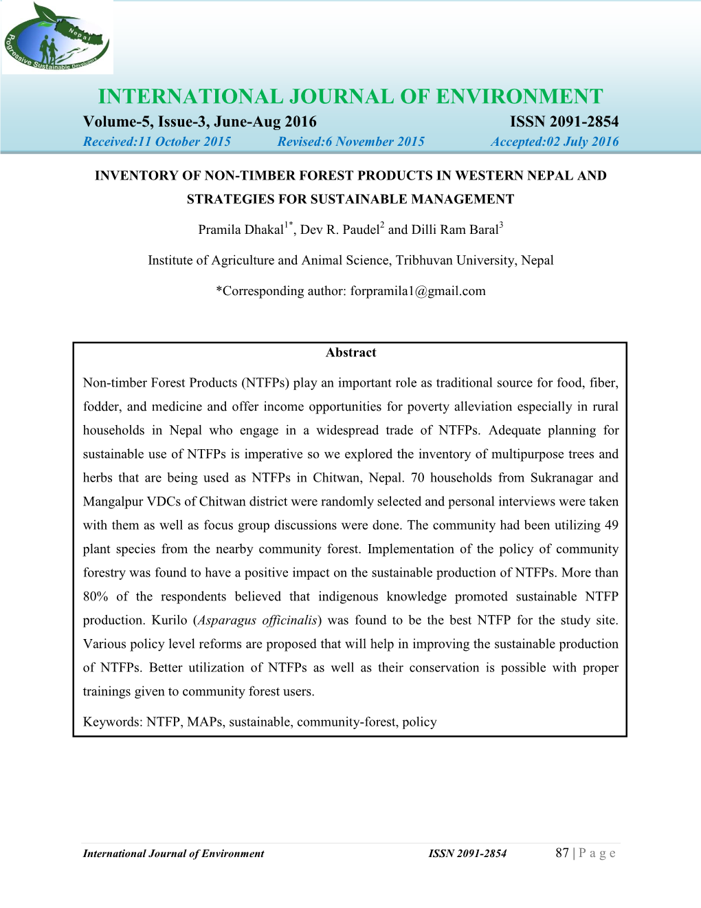 INTERNATIONAL JOURNAL of ENVIRONMENT Volume-5, Issue-3, June-Aug 2016 ISSN 2091-2854 Received:11 October 2015 Revised:6 November 2015 Accepted:02 July 2016