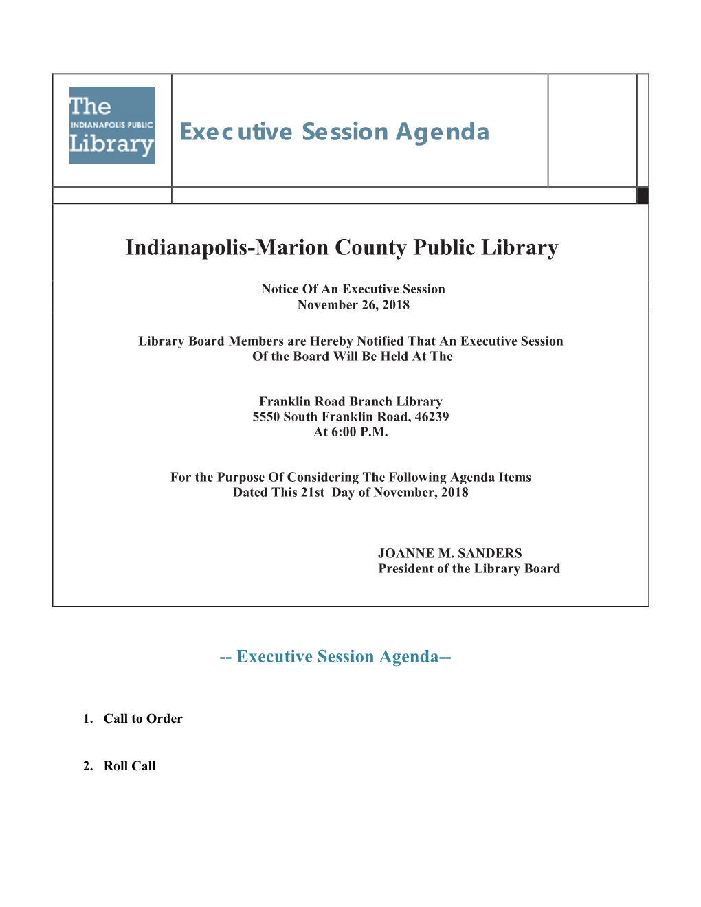 Executive Session Agenda Indianapolis-Marion County Public