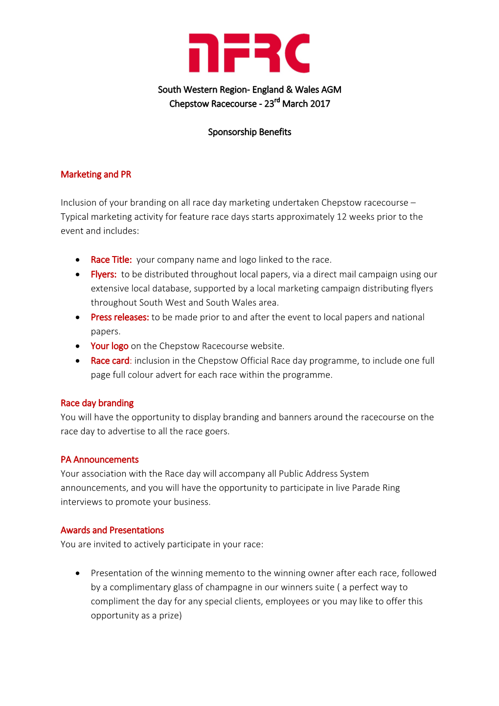 South Western Region‐ England & Wales AGM Chepstow Racecourse