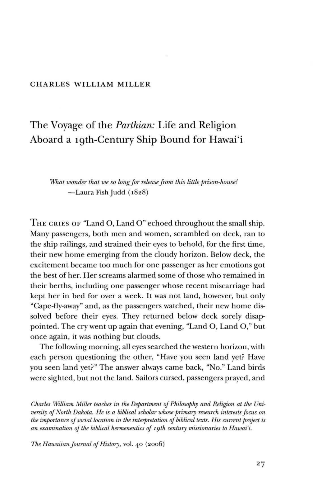 The Voyage of the Parthian: Life and Religion Aboard a 19Th-Century Ship Bound for Hawai'i