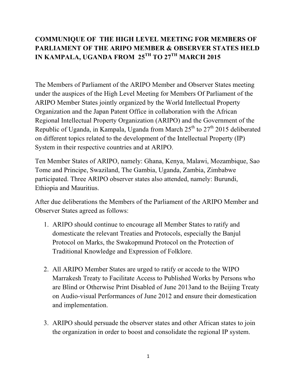 Communique of the High Level Meeting for Members of Parliament of the Aripo Member & Observer States Held in Kampala, Uganda from 25Th to 27Th March 2015