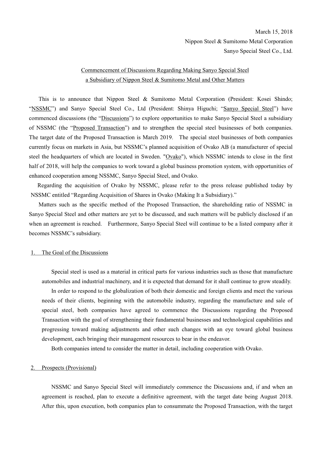 March 15, 2018 Nippon Steel & Sumitomo Metal Corporation Sanyo